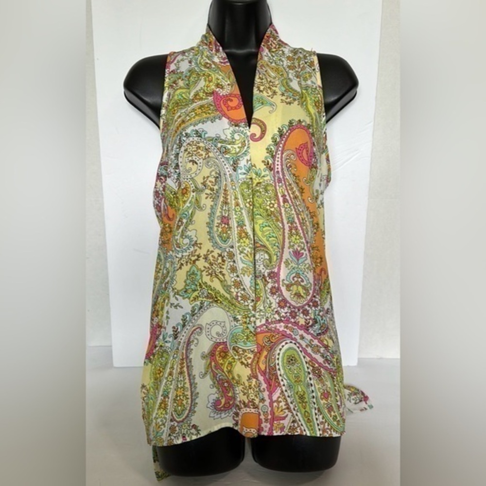 Floral & Ivy Print Top - Elegant pink green orange Polyester Blouse Small